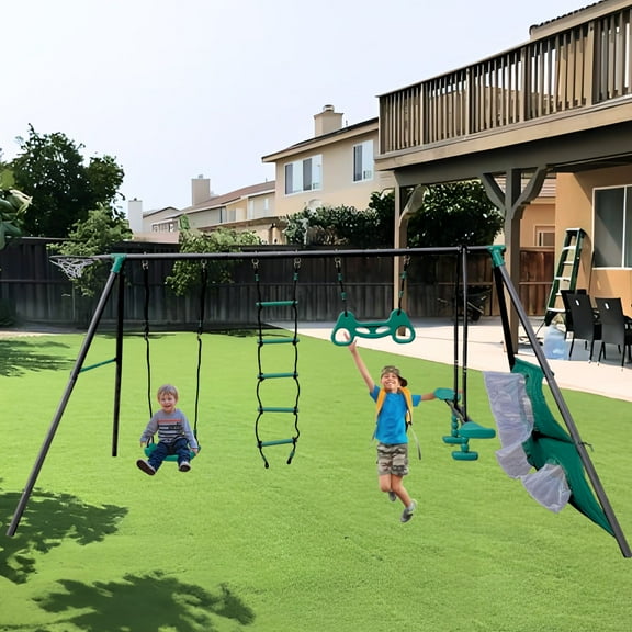 Alvantor 4-in-1 Swing Set with Face-to-Face Swing, Rings, Climbing Ladder, Basketball Hoop & Soccer Net for Kids Backyard 550lbs