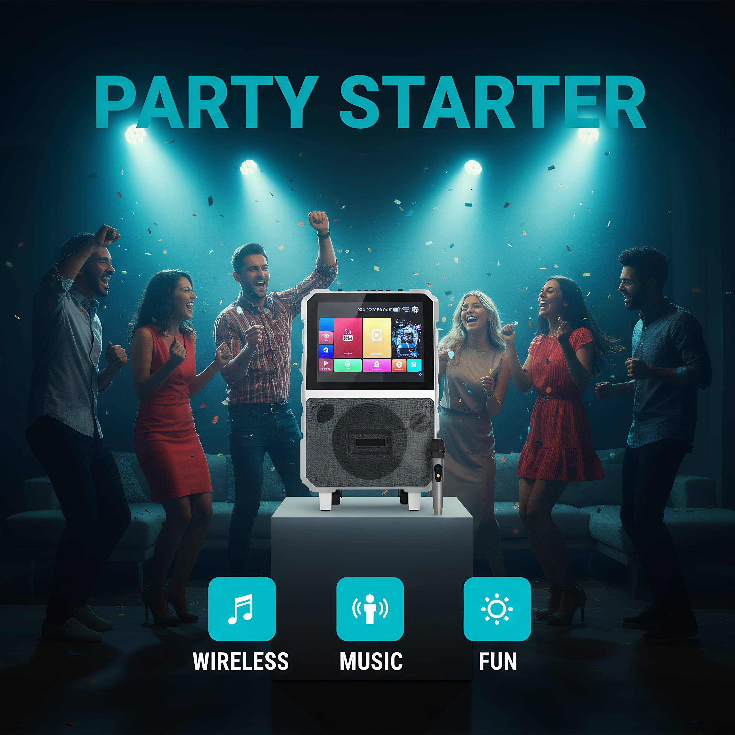 RIDWIND 8" Subwoofer Karaoke System with Lyrics Display, Built-in Tablet, Rechargeable Wireless Speaker with One Mics & DJ Lights, All-in-One Entertainment for Adults, Home & Party Use