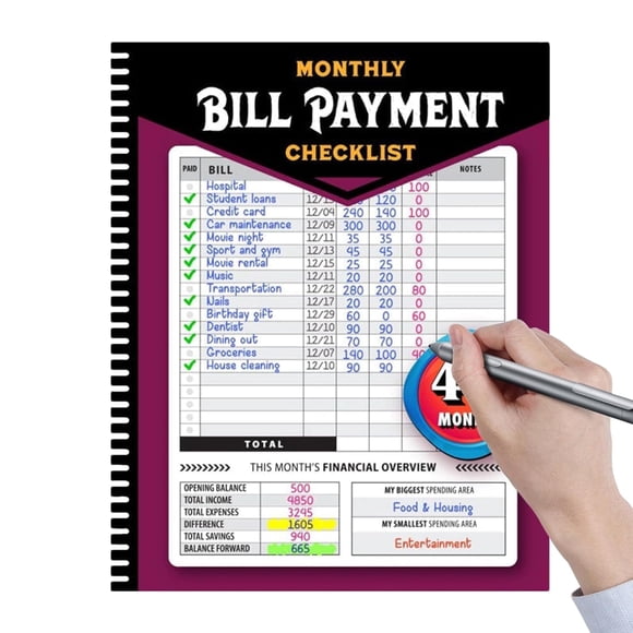 Liste de Contrôle de Paiement Mensuel : Carnet de Suivi de Billets avec Reliure Spirale 8"x10 Pouces le Guide de 4 Ans pour Familles et Gestionnaires d'Argent, 960 Enregistrements de Factures Inclus