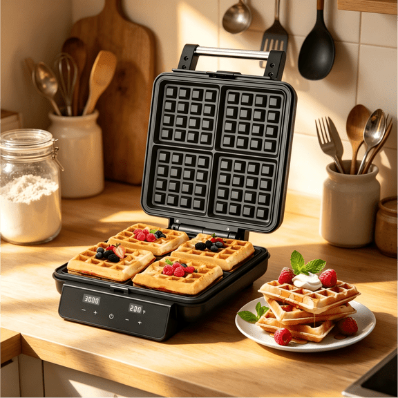 SUNVIVI 4-in-1 Waffle Maker: Quick Heat-Up, Nonstick, 4 Slices, Stainless Steel