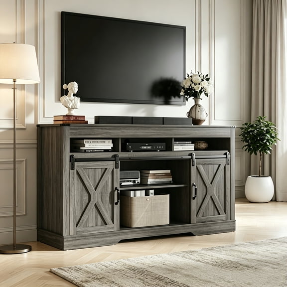 AUU 58-Inch Dark Grey Farmhouse TV Stand for TVs 65" and Up – Sliding Barn Door Entertainment Console with Storage