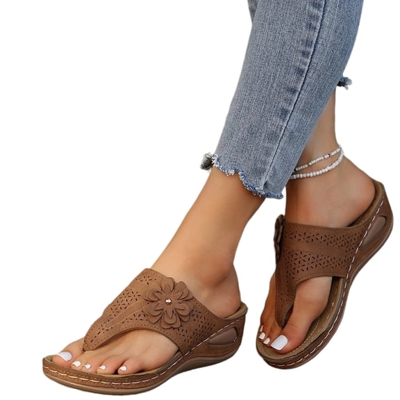Domuza Orthopedic Casual Sandals for Women Slip on Non Slip Arch Support Summer Flat Sandals Wide Width Work Shoes 2026 Comfortable Orthopedic Shoes Brown 10(EU-43)