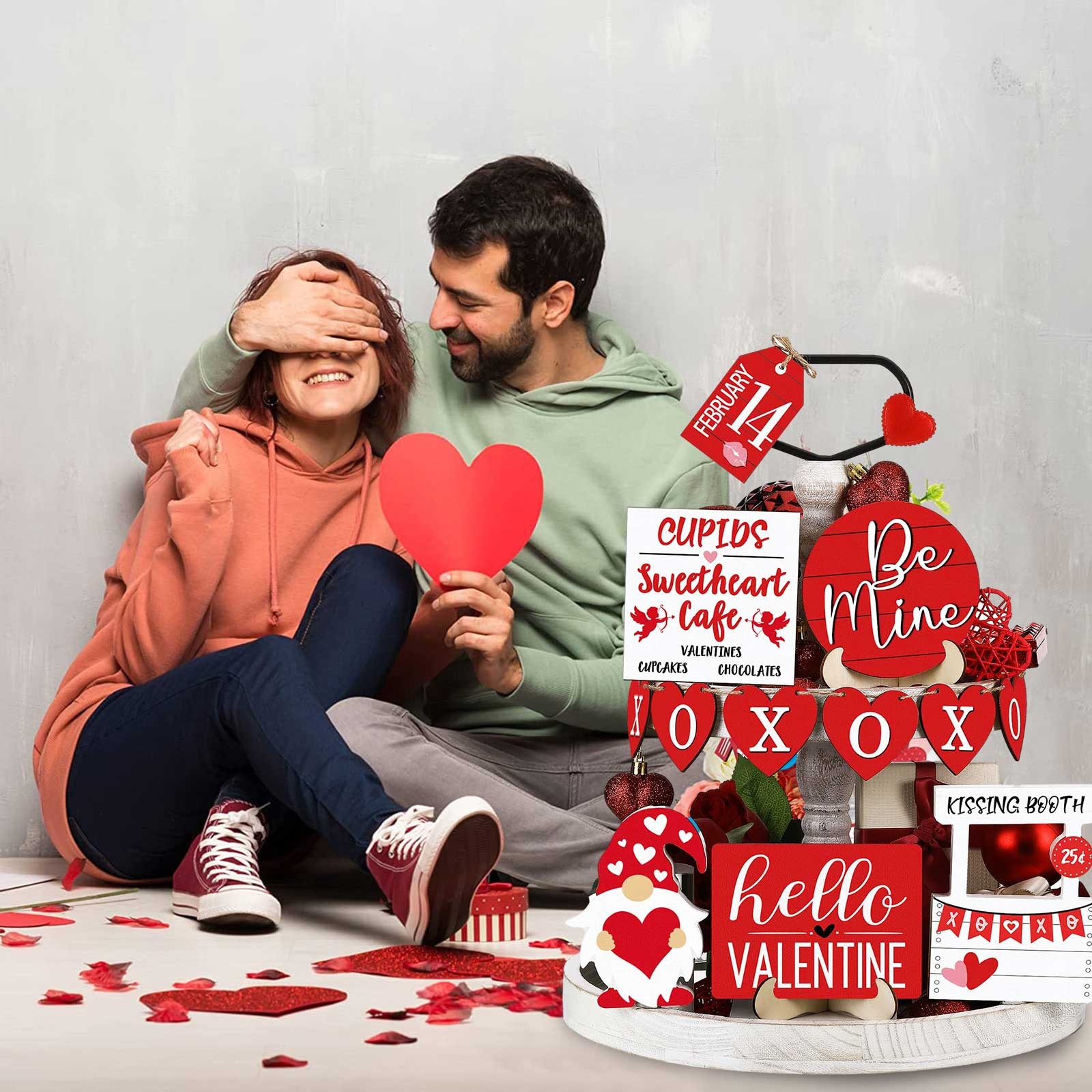 Bjutir Valentine'S Day Tiered Tray Decor Valentine'S Day Table Wooden Sign Decorations Tabletop Farmhouse Coffee Heart Decor Signs For Valentine'S Day Gift Party Home Kitchen Holiday Supplies