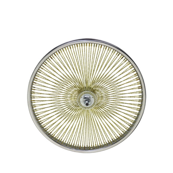 Bike 20 Inch x 32mm Steel Front Twisted Wheel 144 Spoke 14G Yellow-Gold 3/8 Axle Single Wall Chrome/Yellow-Gold.