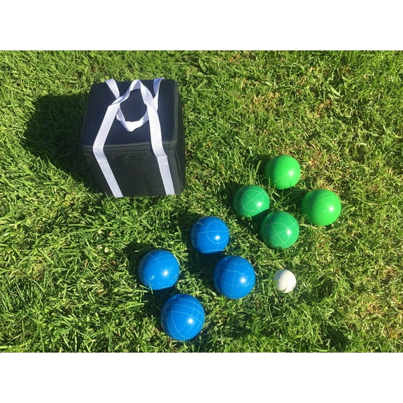 New Listing - (4 of 28) Unique Bocce Sets - 107mm with Green and Blue Balls, Black Bag