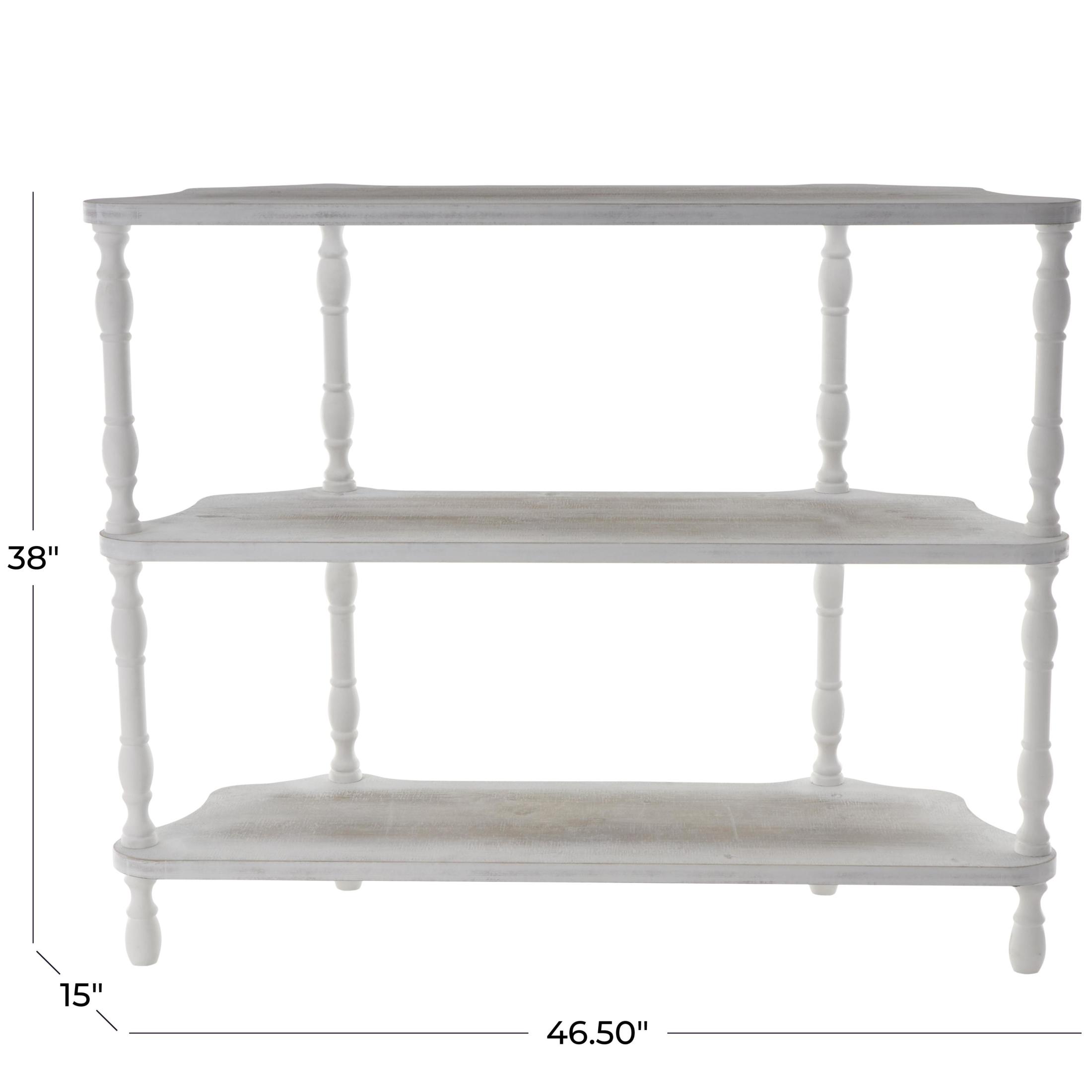 DecMode 47" x 38" White Wooden Washed 3-Tier Shelving Unit with Turned Legs and Wavy Corners, 1-Piece