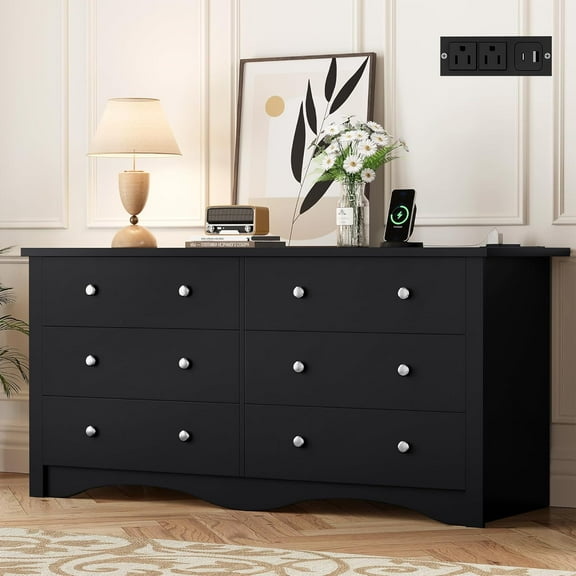 YESHOMY Black Dresser with Power Outlet, 6 Drawers Dresser for Bedroom, Modern Chest of Drawers, Wooden Dressers, TV Stand for Living Room,Closet, Hallway
