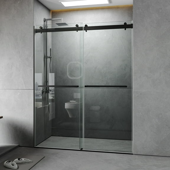 56 to 60'' W x 76'' H Frameless Shower Door, Double Sliding Shower Door with Premium 3/8'' (10mm) Thick Tempered Glass, Stainless Steel, Matte Black