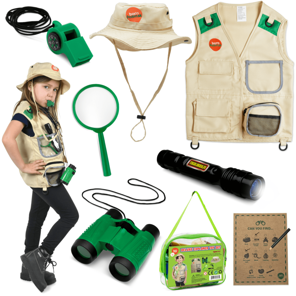 Born Toys Explorer Kit for Kids Childrens Toy with Washable Premium Backyard Safari Vest and Adventure kit or Paleontologist Costume Full Kids Explorer Set 