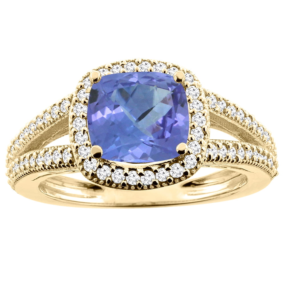 14K Yellow Gold Natural Tanzanite Ring Cushion 7x7mm Diamond Accent 3 8 inch wide, size 5.5 by Gabriella Gold
