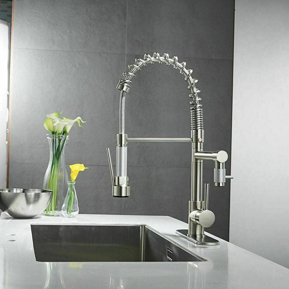 Senlesen Brushed Nickel Kitchen Sink Faucet Pull Down Spray Tap W/Plate