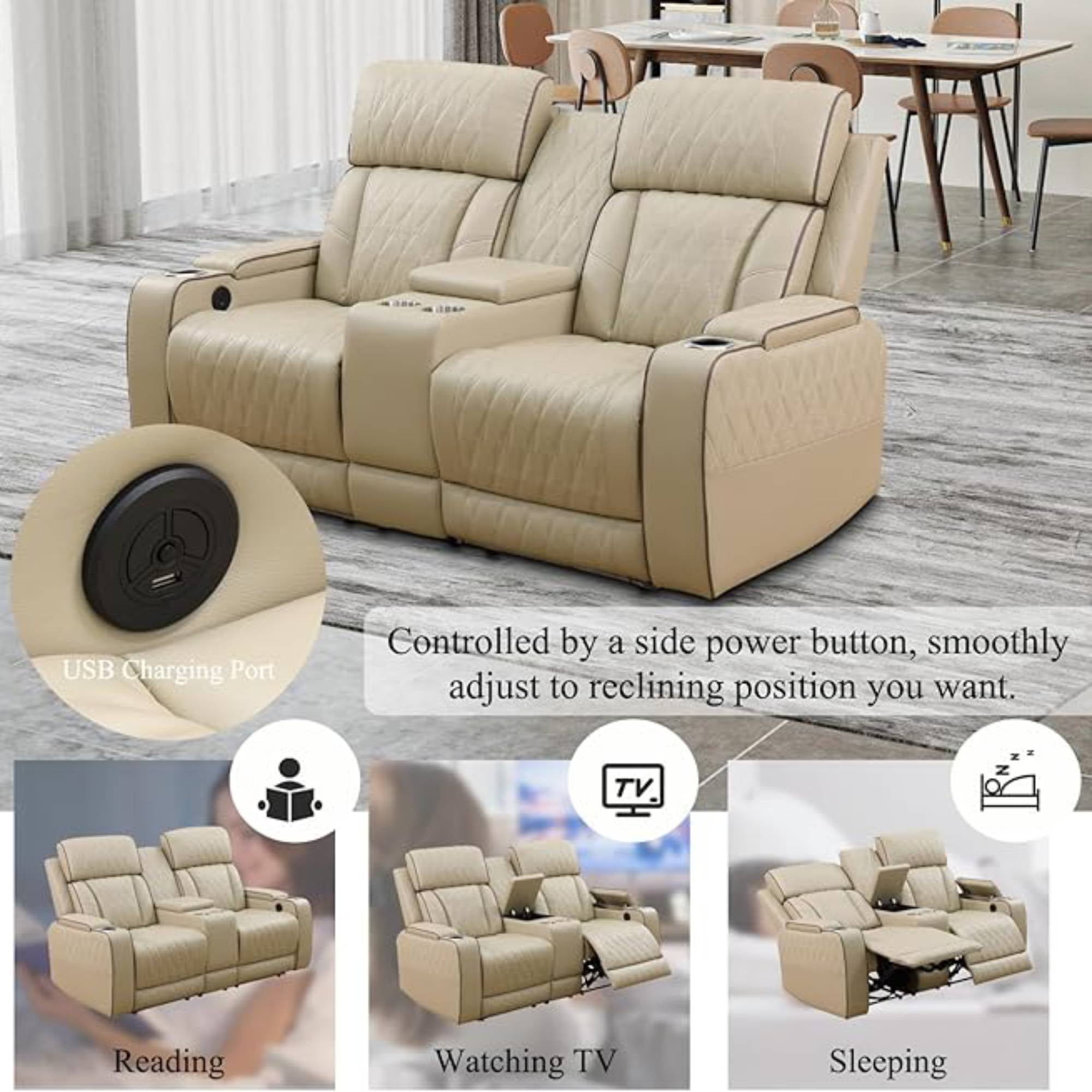 Power Recliner Loveseat Chair Set, Leather 2 Seater Recliner Sofa Couch, Adjustable Power Reclining Sofa Chair for Living Room, Beige