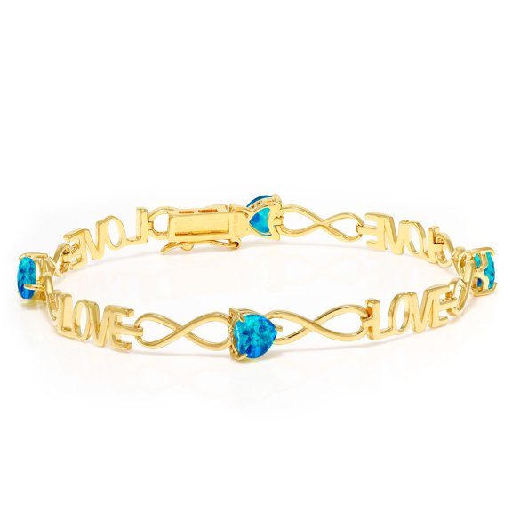 Gem Stone King 3.00 Ct Heart Shape Blue Simulated Opal 18K Yellow Gold Plated Silver Bracelet for Women
