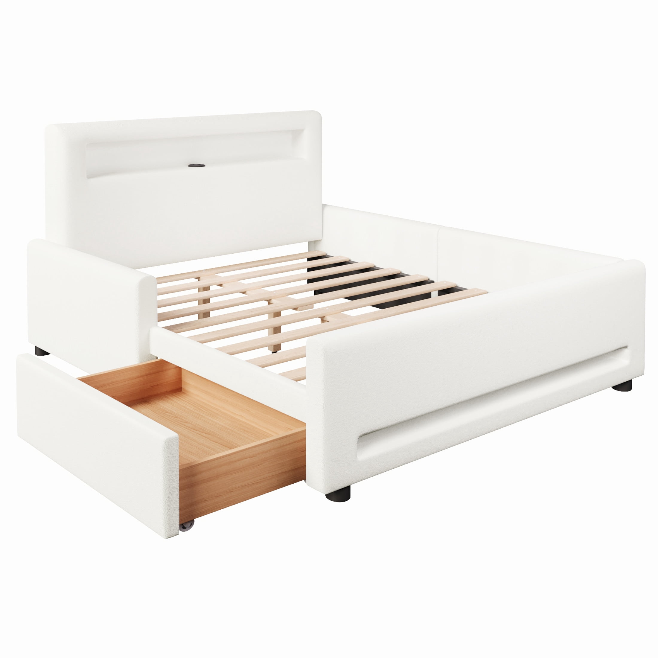 Noble House Full Size Upholstered Platform Bed with Storage Drawer, LED Light Strip and USB Charging Port, White