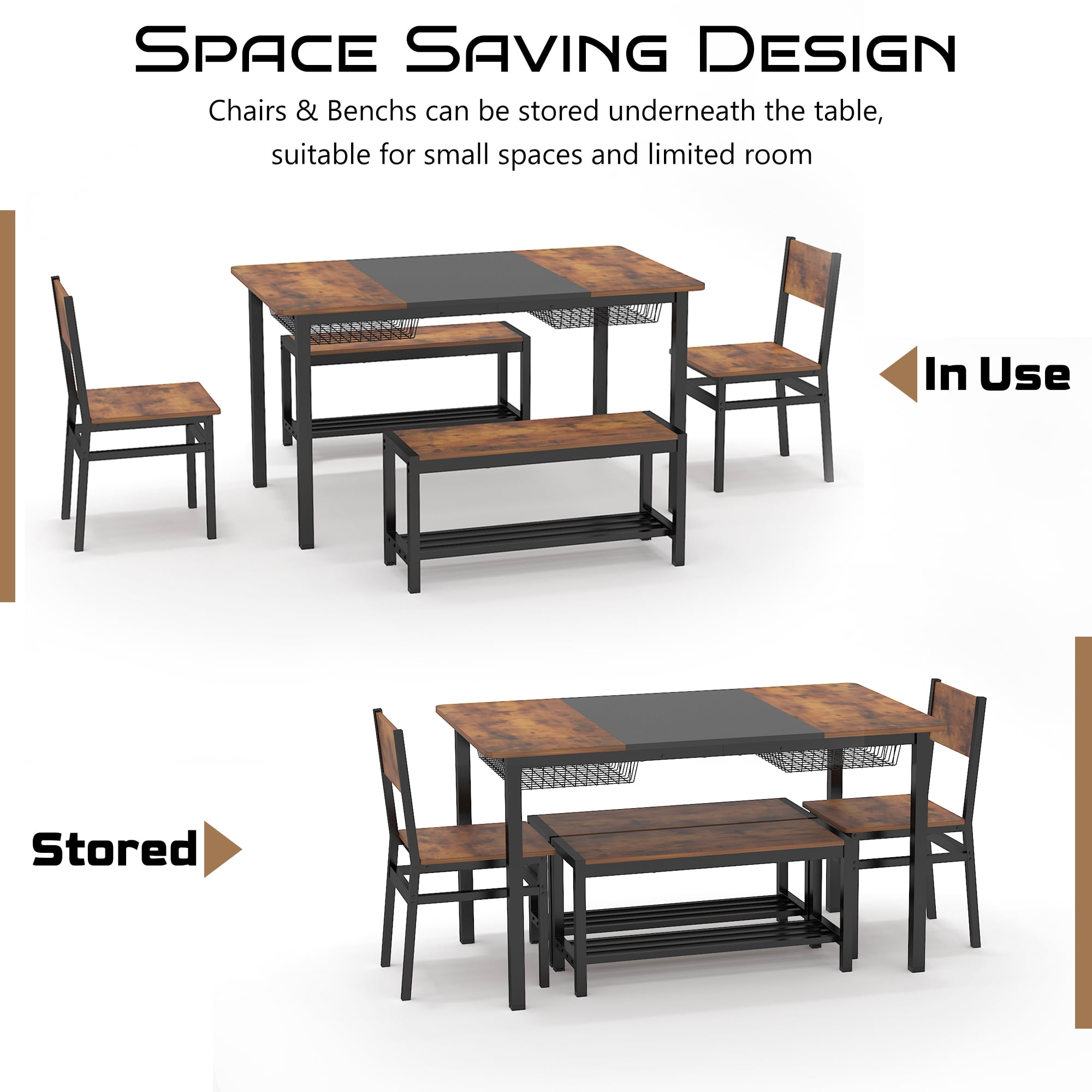 NAIYUFA Dining 5 Pieces Table Set,One Large Table ,2 chairs and 2 Benches for 4-6 people,Wood Brown Sets with Storage Rack