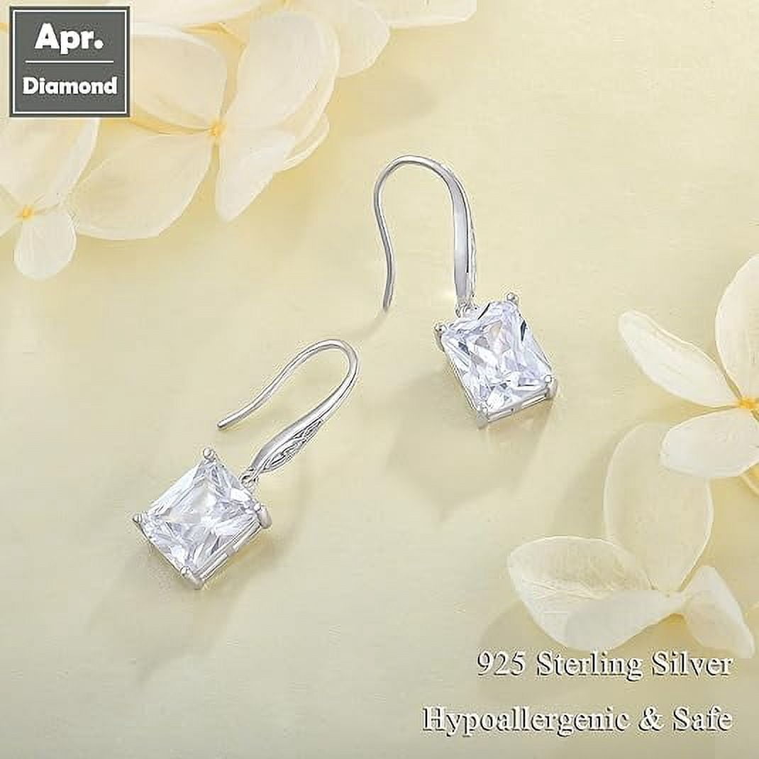 Cubic Zirconia Rectangle Cut Earrings 925 Sterling Silver Celtic Knot Hook Dangle Earring 8X10mm Solitaire Gemstone Birthstone Irish Jewelry Valentine's Day Gift for Wife Women