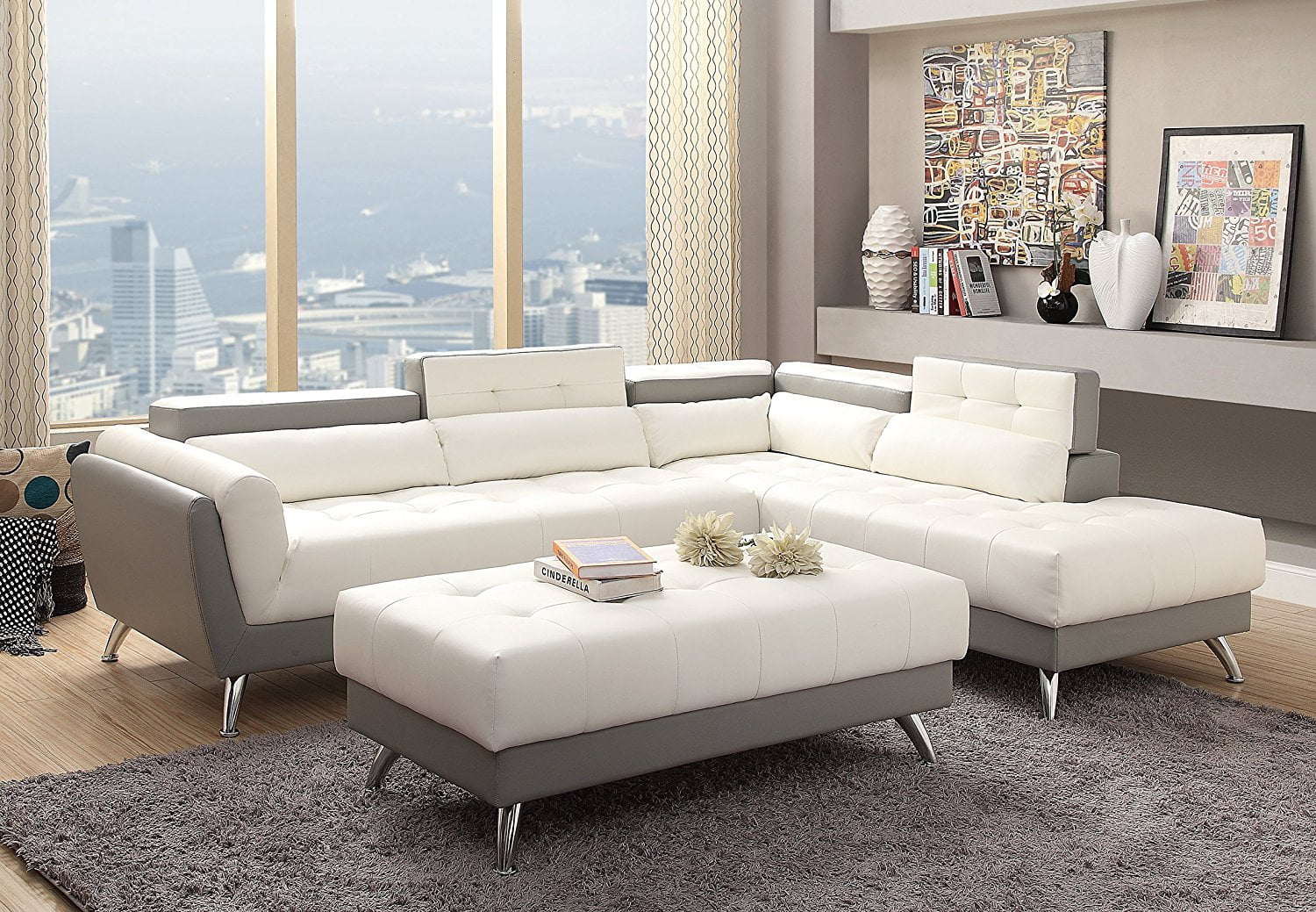 white bonded leather sectional sofa with storage