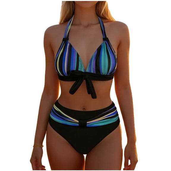 Hduncf Womens Two Piece Swimsuits Wrap Front Bikini High Waisted Bottom Tummy Control Bathing Suits Fashion Print Swimwear Blue S