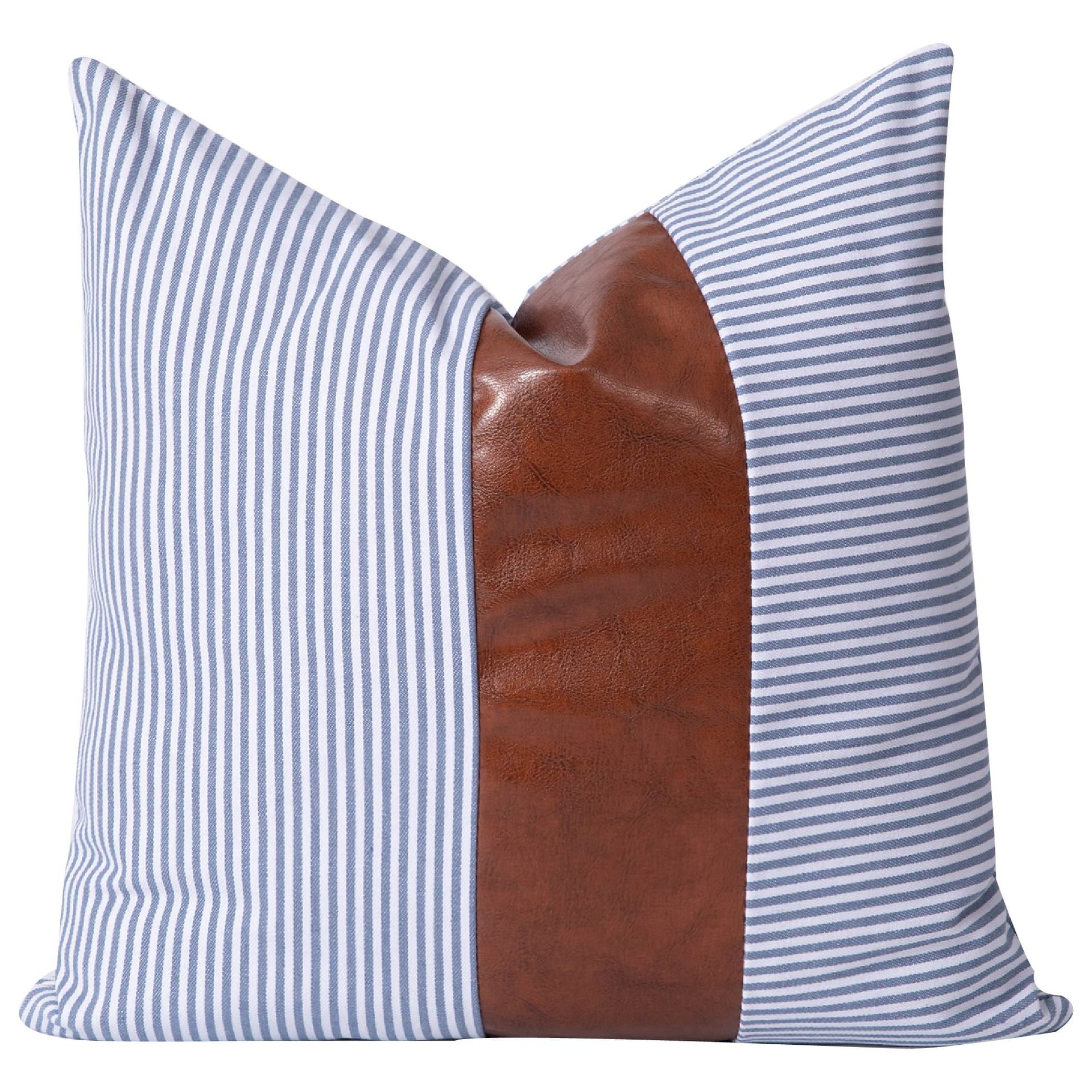 Farmhouse Decorative Throw Pillow Covers Set of 2 Stripe Pillow Covers Faux Leather Pillow Cases for Couch Sofa Boho Modern Home Decor Cushion Covers 18 x 18 inch Light Blue Walmart