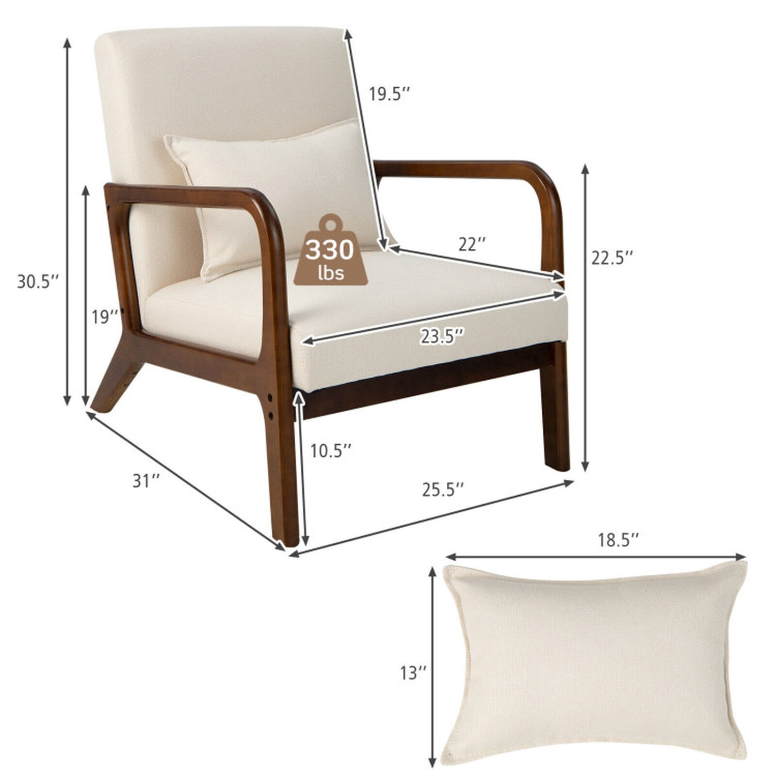 Furnibear Modern Accent Chair with Rubber Wood Frame and Lumbar Pillow, 330 lbs Capacity, Beige - for Living Room, Bedroom and Home Office
