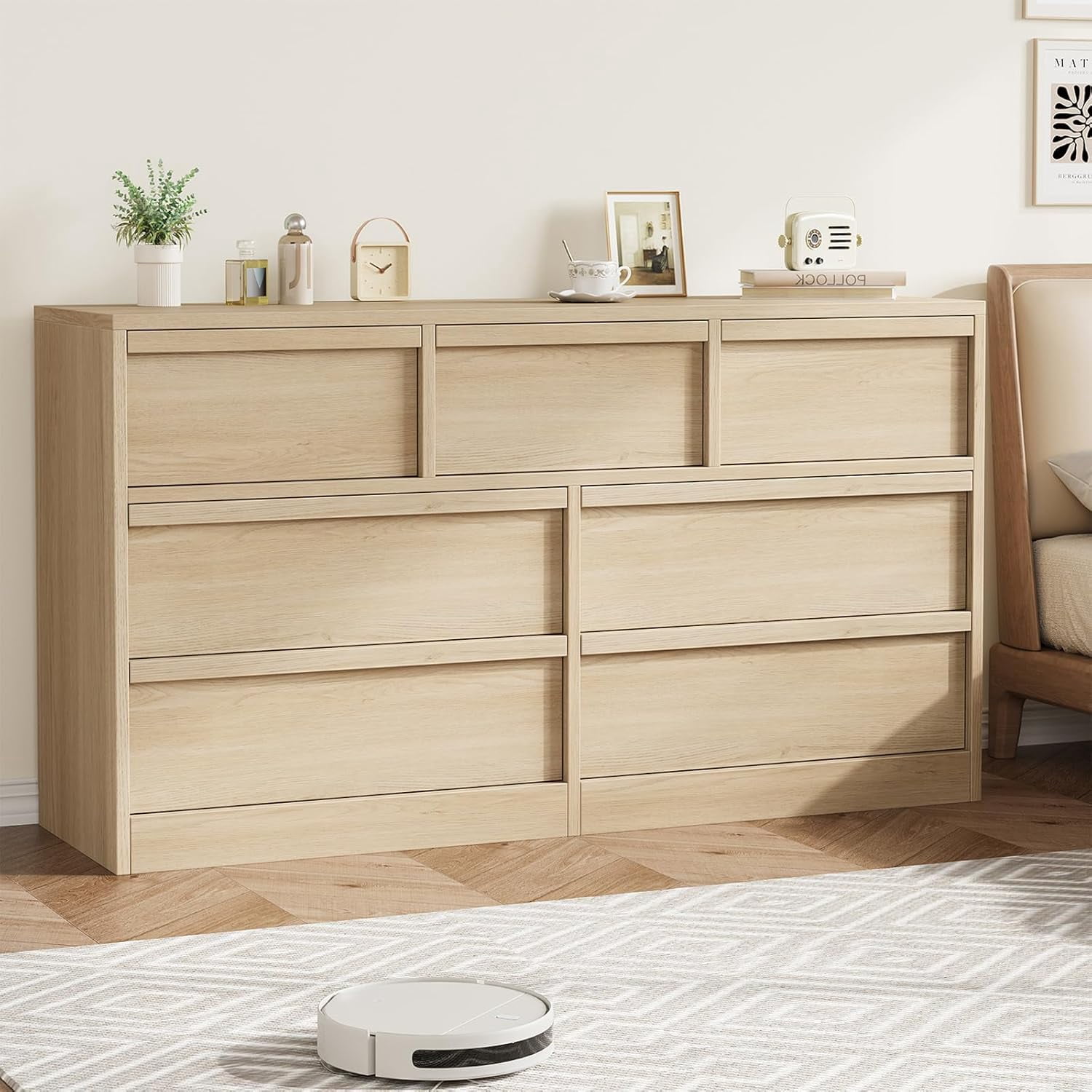 7 Drawer Dresser for Bedroom, Modern Double Dresser Organizer with 7 Drawers Large Storage, Wooden Chest of Drawers for Bedroom, Living Room, Nursery - Natural
