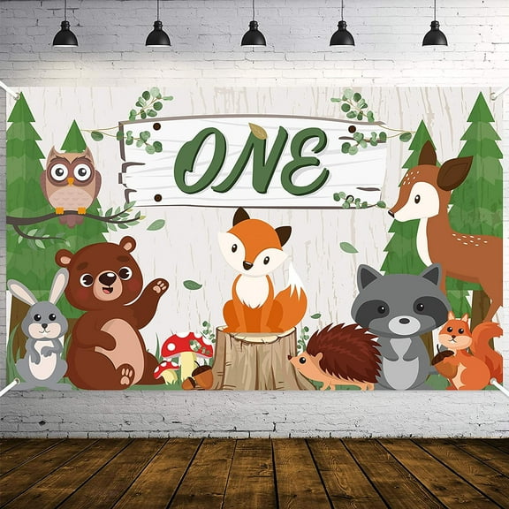 One Woodland Animals Birthday Backdrop 1 Year Old Background Photo Booth Props Jungle Baby Shower Polyester Banner Poster Flag Party Decorations Supplies for Home Photography Studio