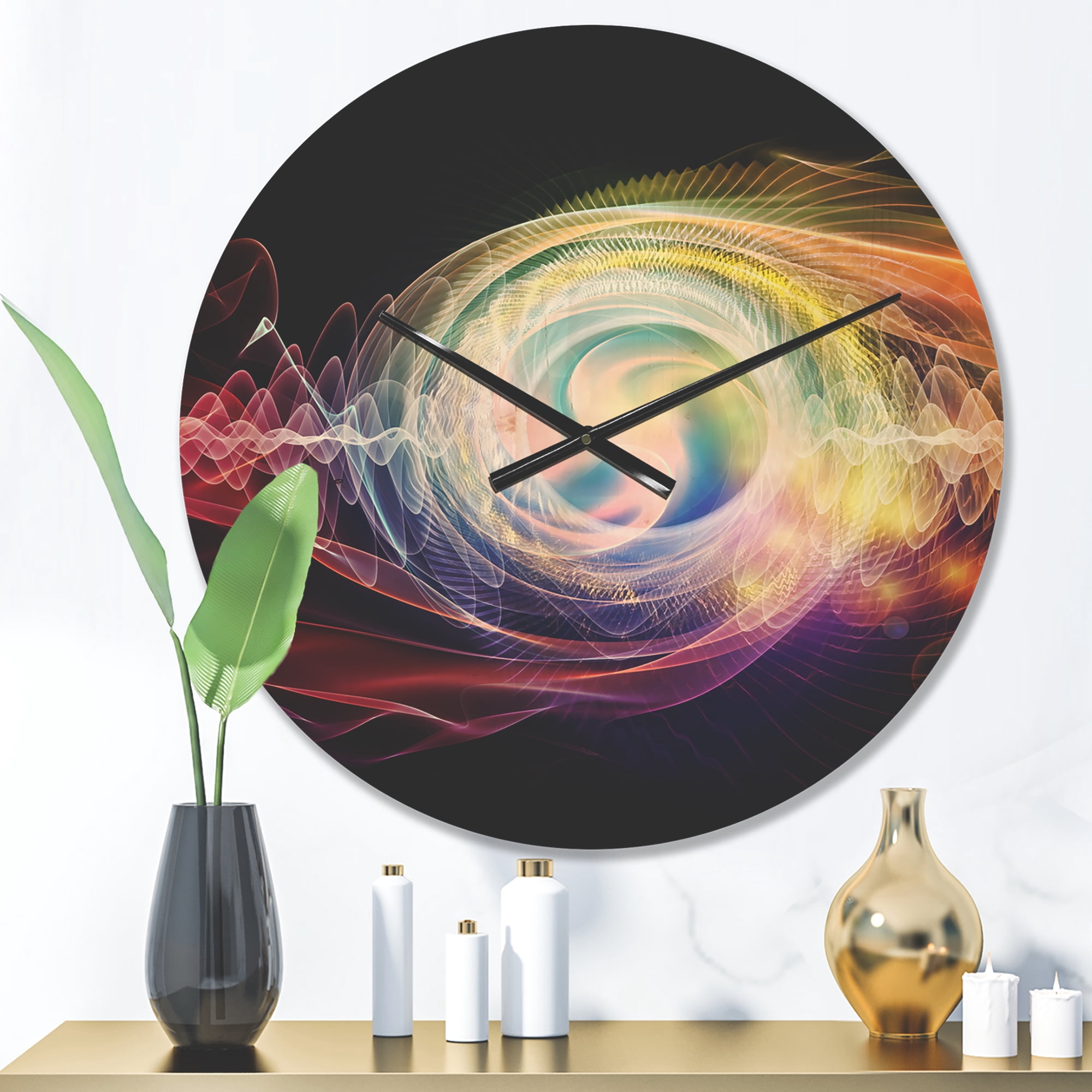 Designart 'Abstract Bright Wave Particle in Air on Black ' Modern Wood Wall Clock