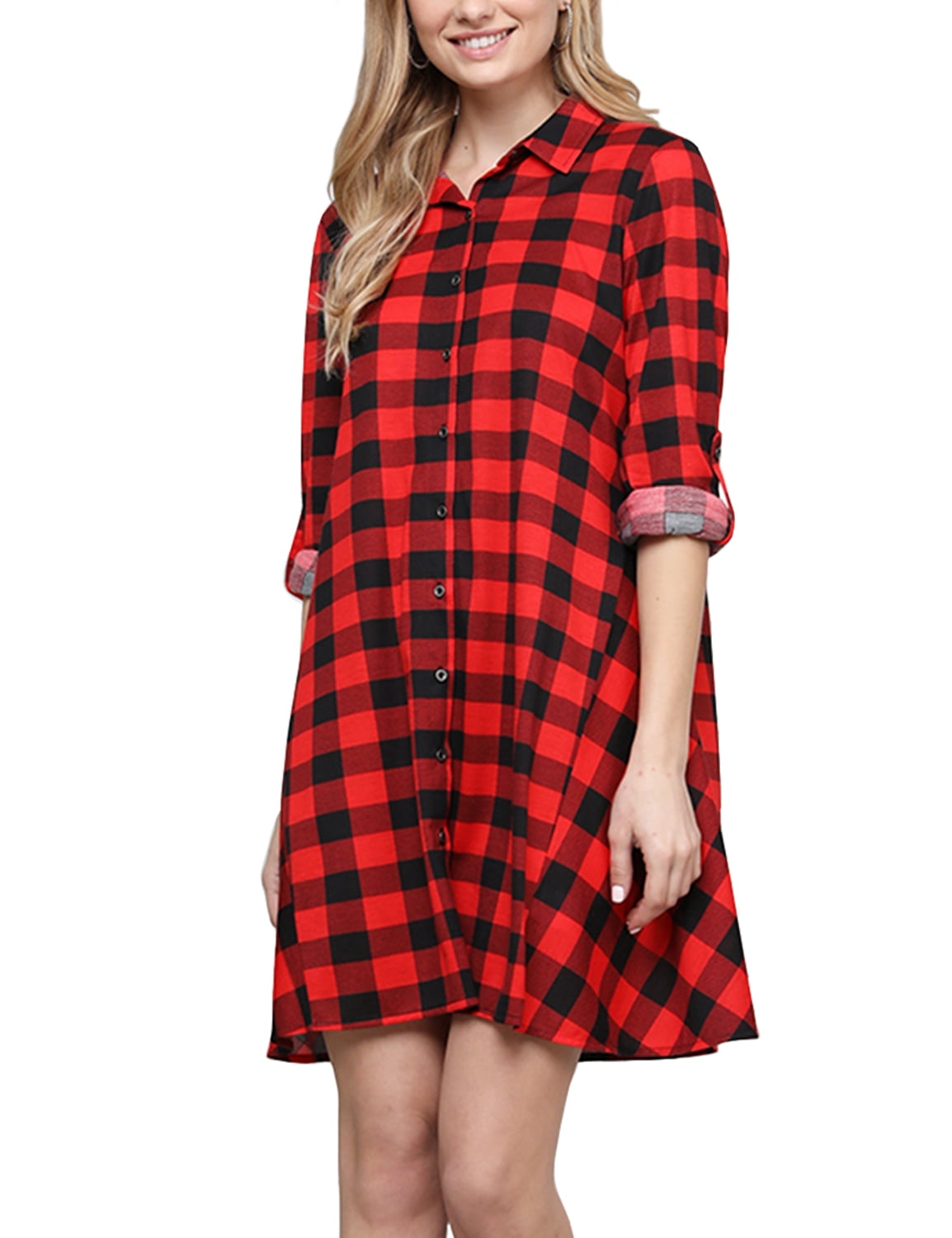 Women's 3/4 Sleeve Plaid Shirt Dress With Belt - ToBeInStyle - View #5