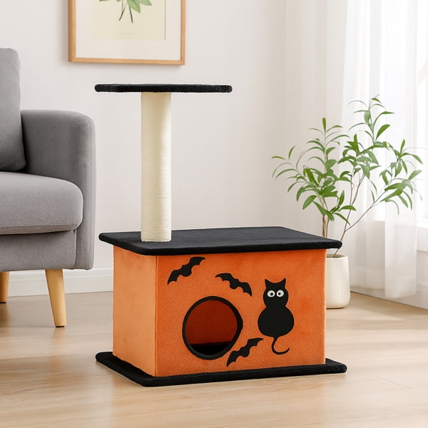 33" Halloween Cat Tree with Spacious Condo & Scratching Post - Orange & Black Cat Tower for Indoor Cats, Large Platform