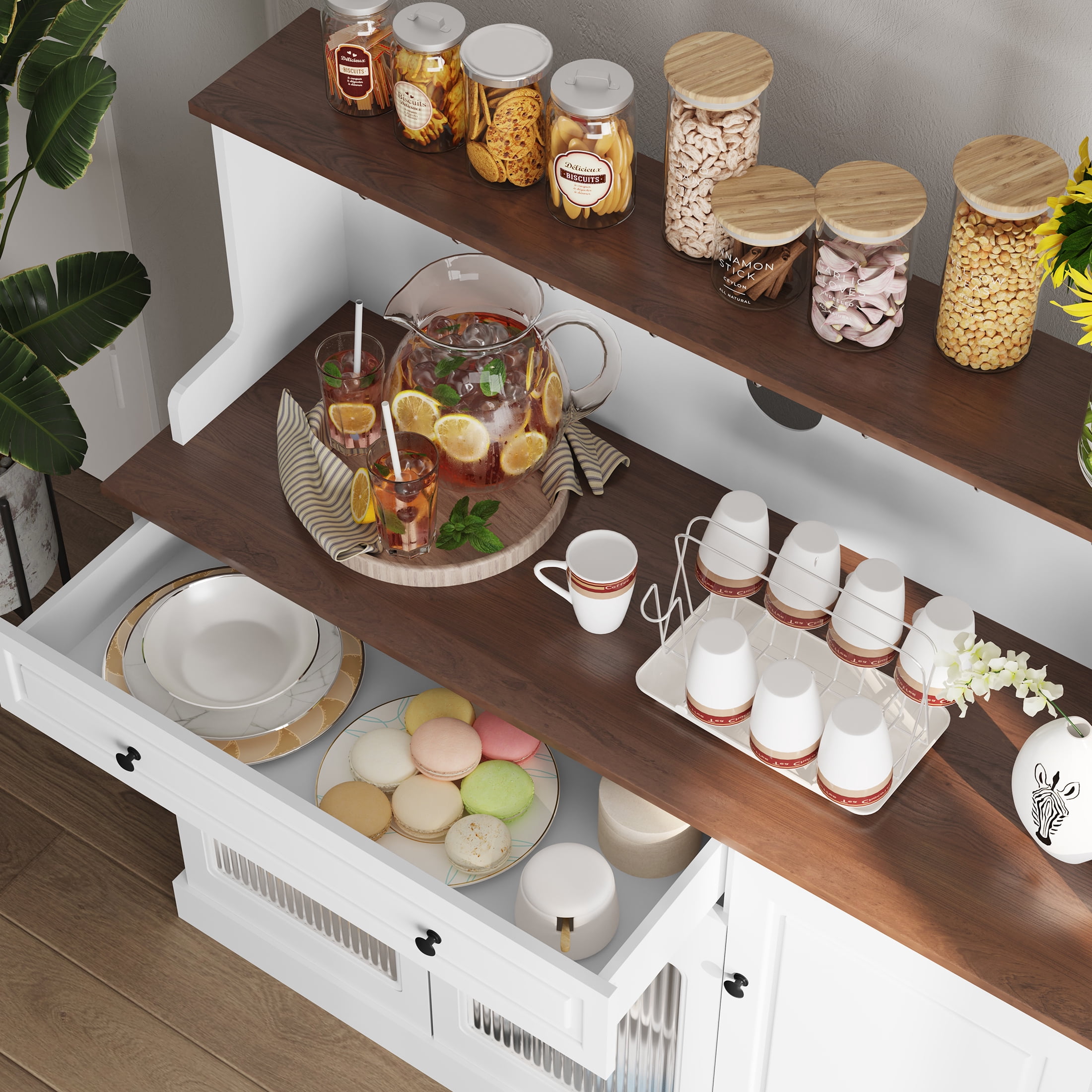 HLR 48" Modern Wood Kitchen Pantry Cabinet, Coffee Bar with Drawer & Microwave Stand, Dining Room, White