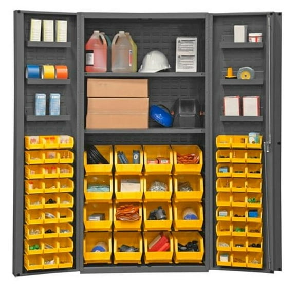 14 Gauge Lockable Cabinet with 64 Yellow Hook on Bins & 2 Adjustable Shelves & 6 Door Shelves, Gray - 36 x 24 x 72 in.