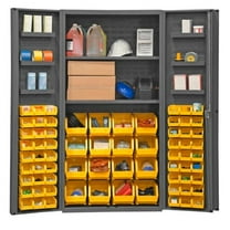 Durham DC36-642S6DS-95 14 Gauge Lockable Cabinet with 64 Yellow Hook on Bins & 2 Adjustable Shelves & 6 Door Shelves, Gray - 36 x 24 x 72 in.