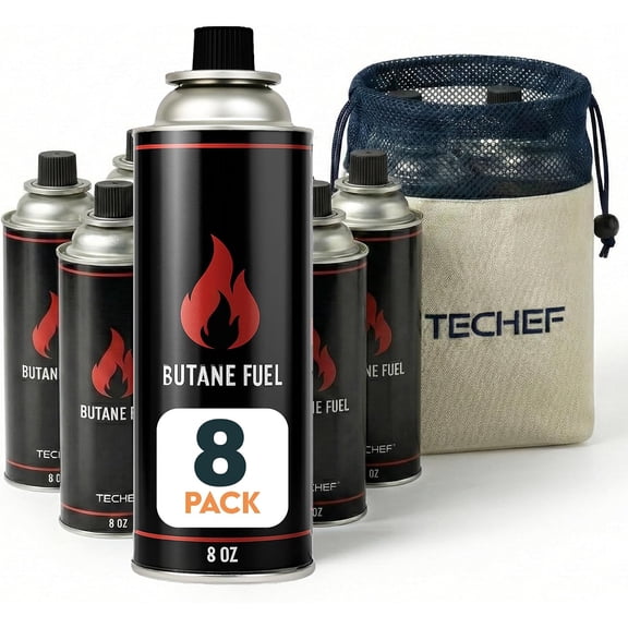 TECHEF 8oz Butane Fuel Canisters Cylinders for Portable Gas Stove Camping Stoves, Gas Burners, UL Listed - DUAL Safety System (8 Pack)