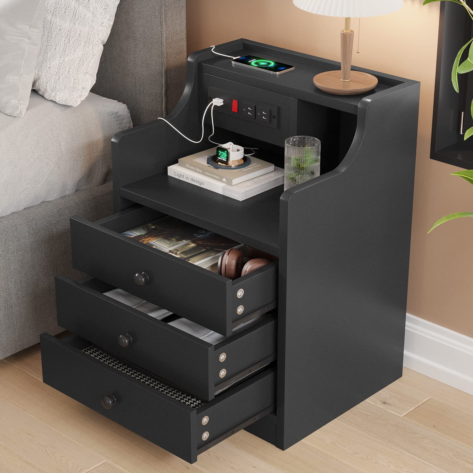 Afuhokles Nightstand Set of 2 with Charging Station, Bedside Table with Hutch and Storage Drawers, Black