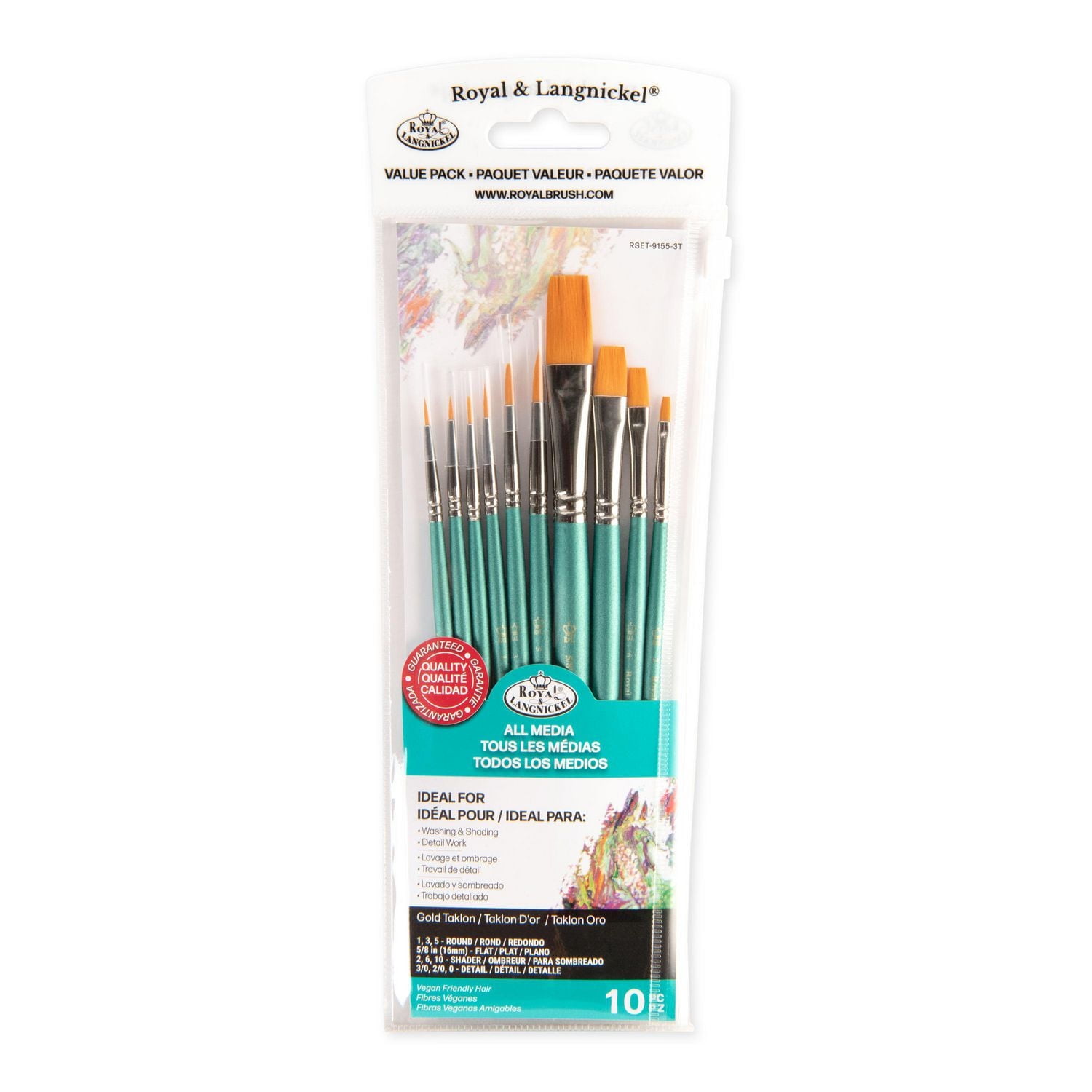 Royal & Langnickel - 10pc Gold Taklon Detail Variety Paint Brushes, 10pc Gld Tak Variety Brush Set