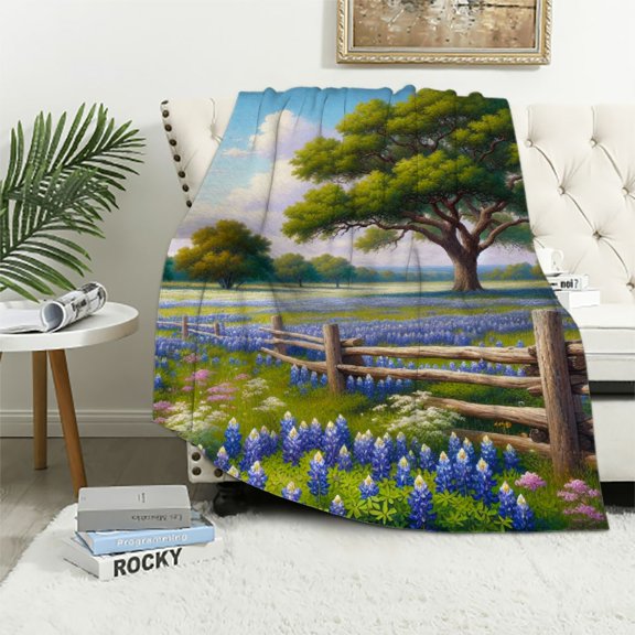 SHERONV Bluebonnets Wildflowers Landscape Warm Lightweight Soft Fleece Blanket Throw Blanket Living Rooms Sofa Decor Cow Gifts Blanket All Seasons Plush Blankets for All Seasons 40x50in
