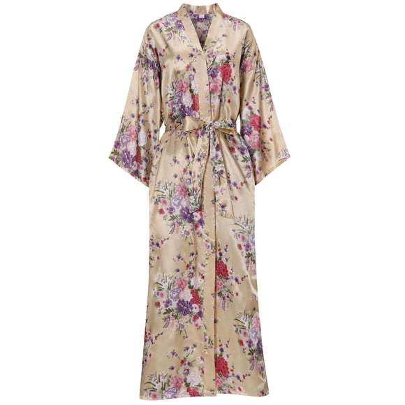 Mizzgenio Batas Largas De Seda Para Mujer, Tallas Grandes, Batas Largas De Satén, Batas Largas Florales, Ropa De Dormir Champagnexx-Large-3X-Large Plus