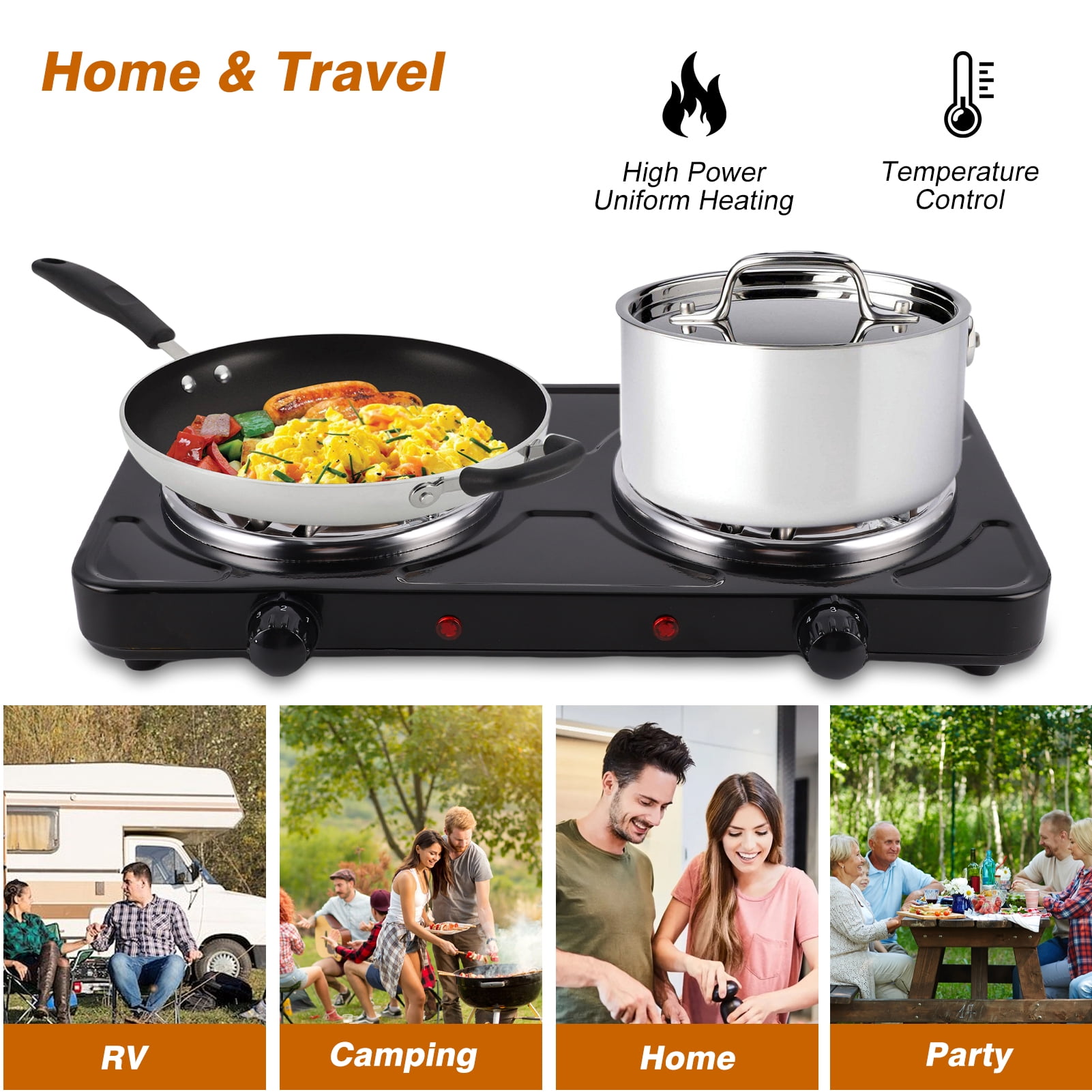 Hot Plate for Cooking, 2000W Electric Stove Burner with 5 Levels Temperature Control, Dual Coil Portable Stove for Home Dorm Office Kitchen Camping, Electric Cooktop Compatible of All Cookware, Black