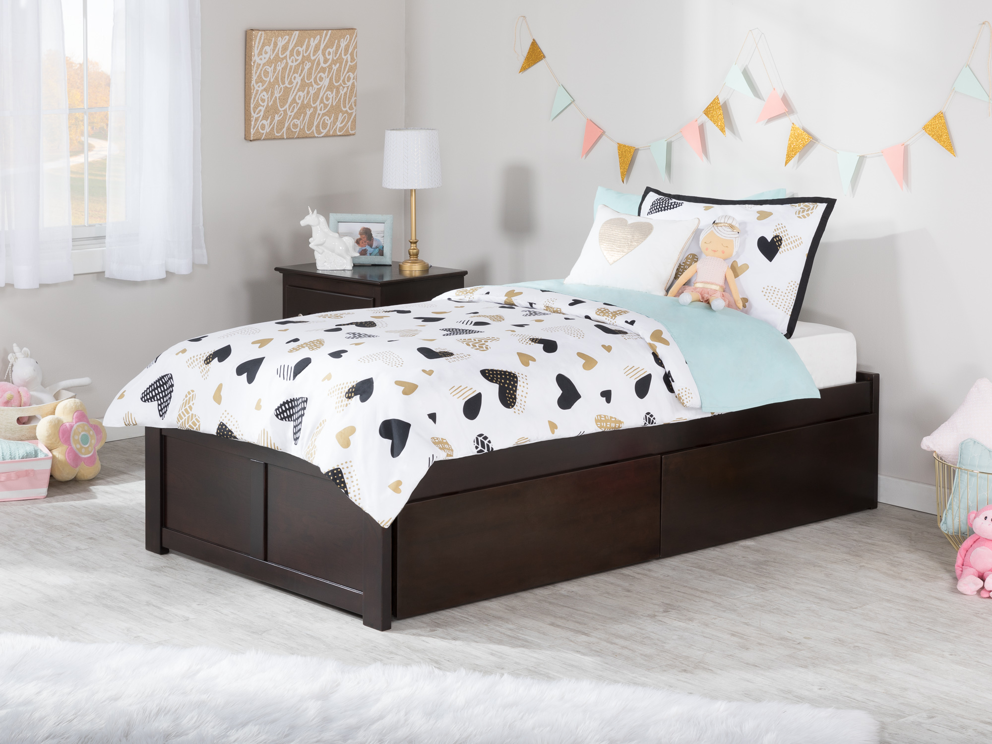 AFI Concord Twin Solid Wood Platform Bed with Footboard & 2 Storage Drawers in Espresso