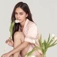 thumbnail image 4 of Women's Satin Pajama Set with Lace Trim Short Sleeve Button Top and Elastic Waist Shorts - Large, Pink, 4 of 7