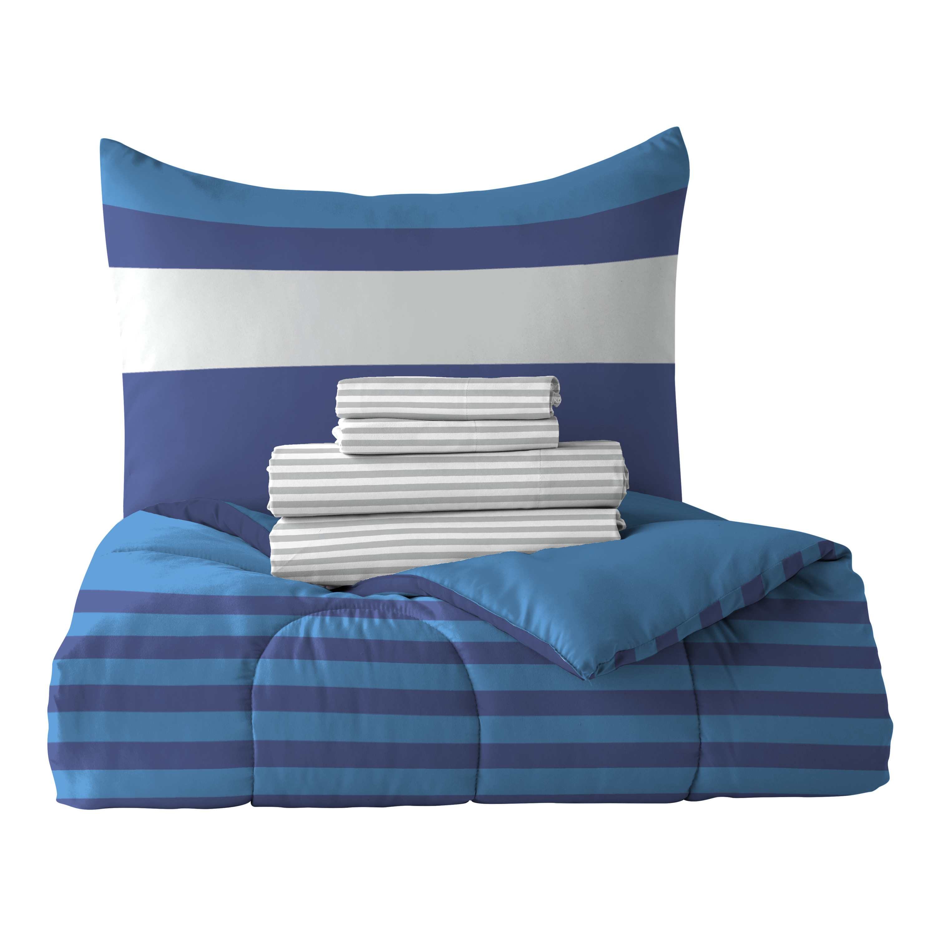 Dream Factory Rugby Stripe Full 7 Piece Comforter Set, Polyester, Microfiber, Blue, Child, Unisex