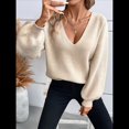 thumbnail image 4 of Suéter de Cuello en V con Hombros Descubiertos para Mujer, Camisa Ajustada de Larga, Suéter con Lazo en la Espalda Caqui XL, 4 of 9