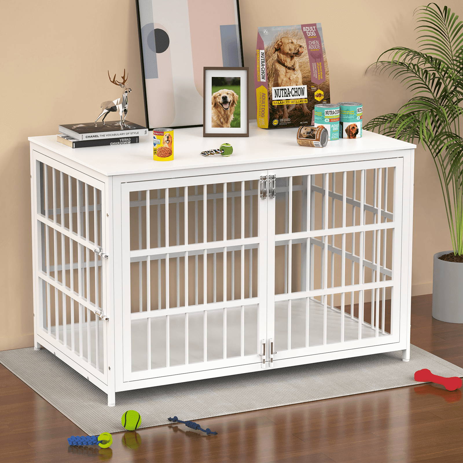 Ironovahome 48" Heavy Duty Dog Crate Furniture, Chew-Proof & Escape-Proof Wooden Dog Cage with Safe Locks & Double Doors, XL Indoor Dog Kennel Pet House for Large Dogs Up to 100lb, White