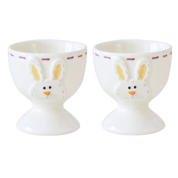 Ceramic Egg Cup Holder Bunny Porcelain Egg Cup - Set of Two White Porcelain Egg Serving Cups Holders for Soft Hard Boiled Eggs, Bunny Ceramic Egg Cup for Easter Breakfast Party Dining Room Table