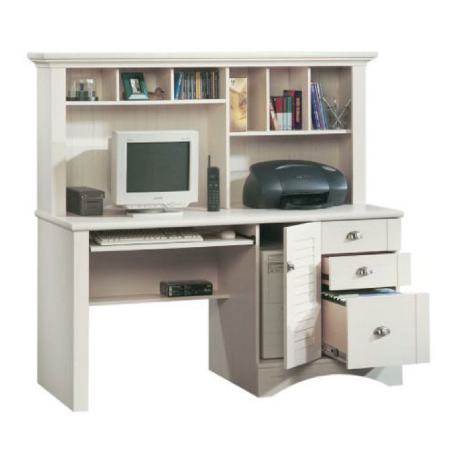 Sauder Harbor View Computer Desk With Hutch Antiqued White