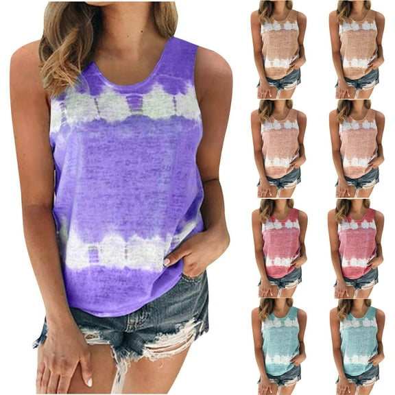 Olyvenn Summer Sleeveless Crewneck Tees for Women Trendy Slim Cami Shirts Cozy Clothes Women's Fashion Crop Tank Tops Tie Dye Camis Tee Shirts Teen Girls Khaki 18