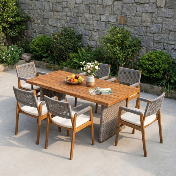 Christopher Knight Home 7-Piece Outdoor Dining Set, Acacia Wood Table and 6 Rope-Woven Chairs, Gray Brown
