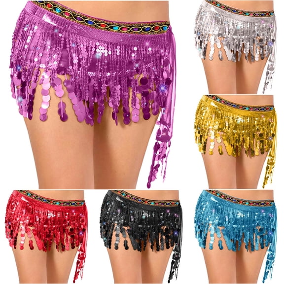 AGWOLF Belly Dance Hip Scarf with Tassels Sequins Sparkly Performance Skirt Wrap Music Festival Clothing