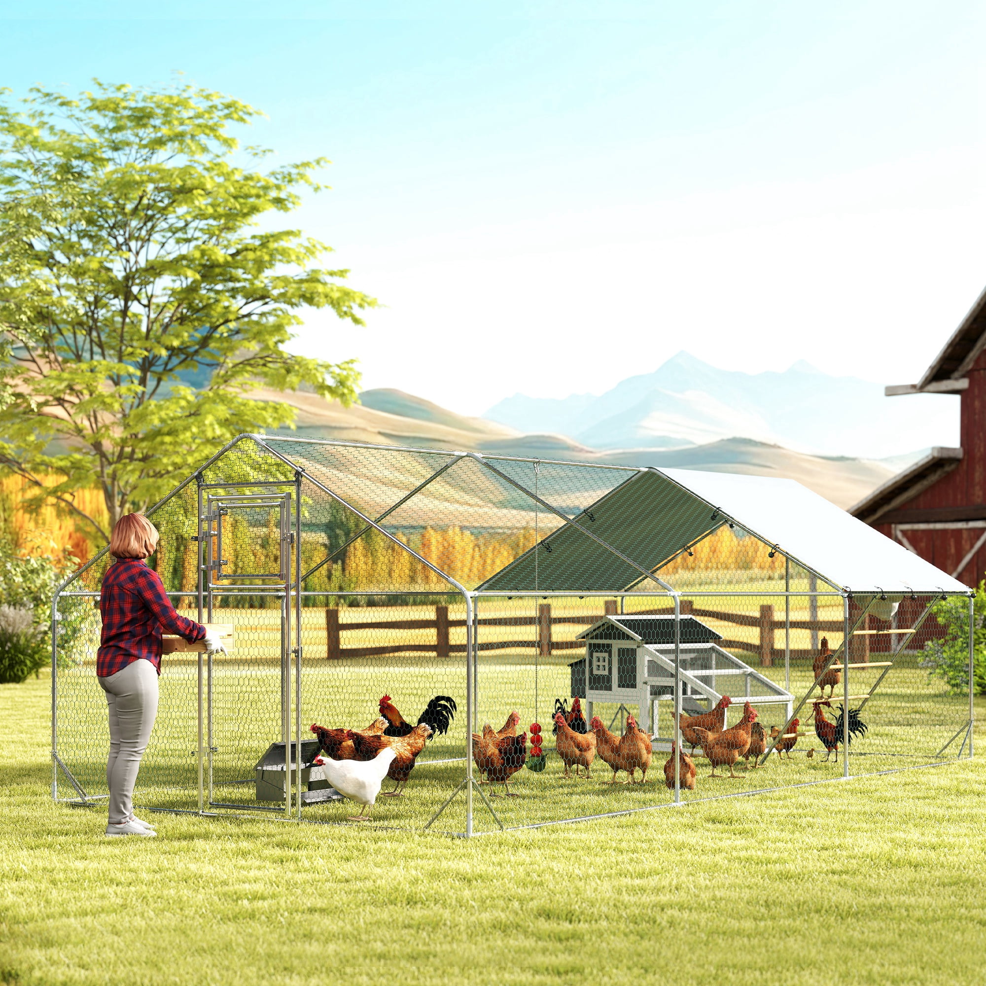 PawHut Chicken Run, Metal Chicken Coop w/ Waterproof & Anti-UV Cover, Feeding Door, Hanging Feeder, Perch, for 18-24 Chickens, 9.8' x 19.7' x 6.4'
