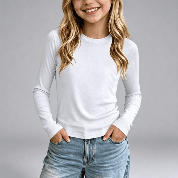 NEBWOAK Girls Ribbed Knit Long Sleeve Tee, Slim Crewneck Solid Color T-Shirt,White Soft Stretch Modal Cotton Base Layer Top,Size 1-10
